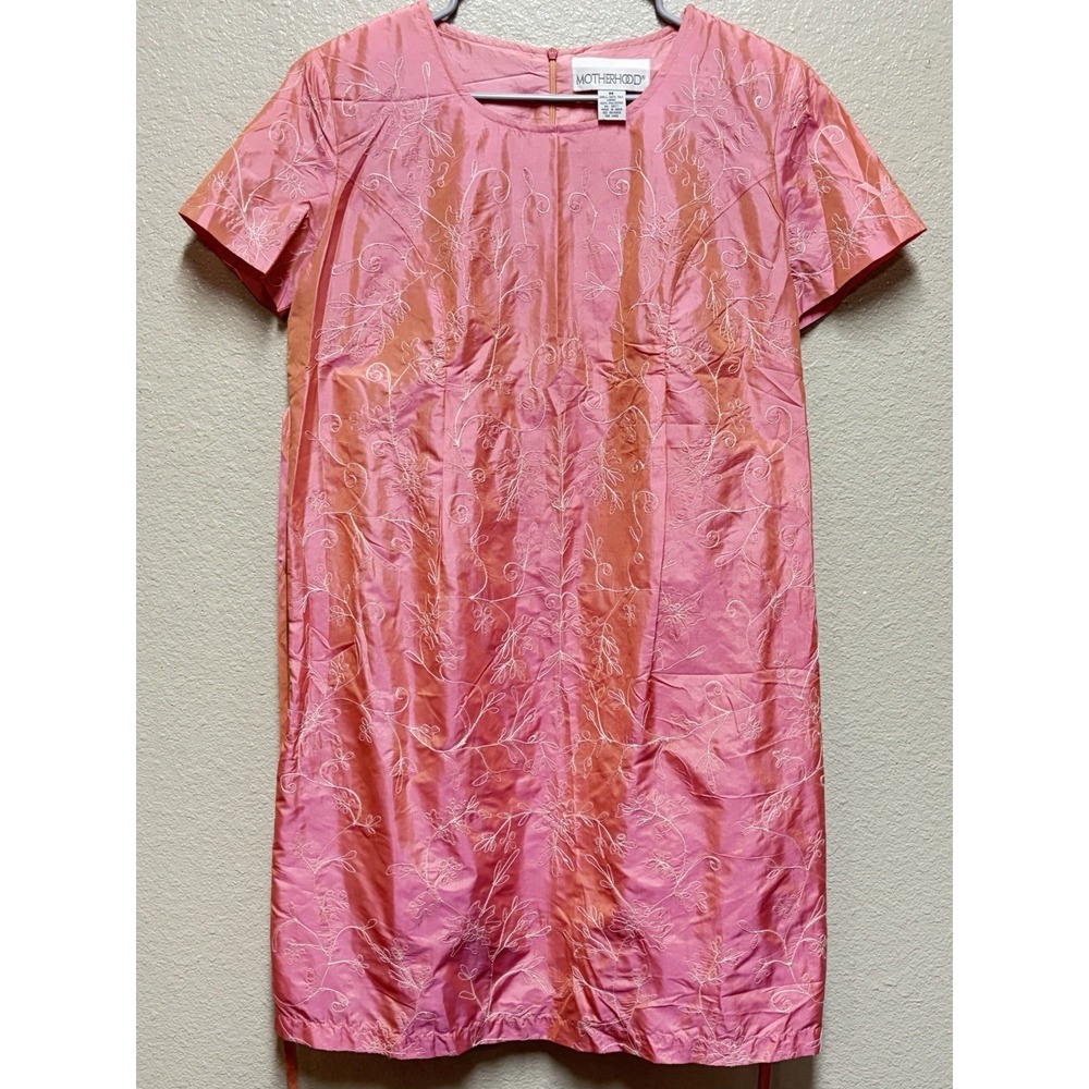 Motherhood Pink Silk Satin Floral Embroidered Shift Dress Square Neck M
